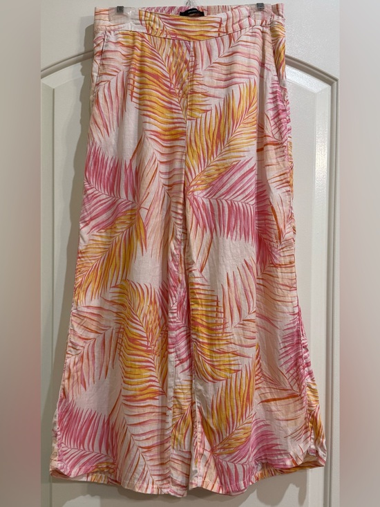 Tahari Pants - Tahari Linen Wide Leg Pant in Pink, Yellow & White Palm Print Size M